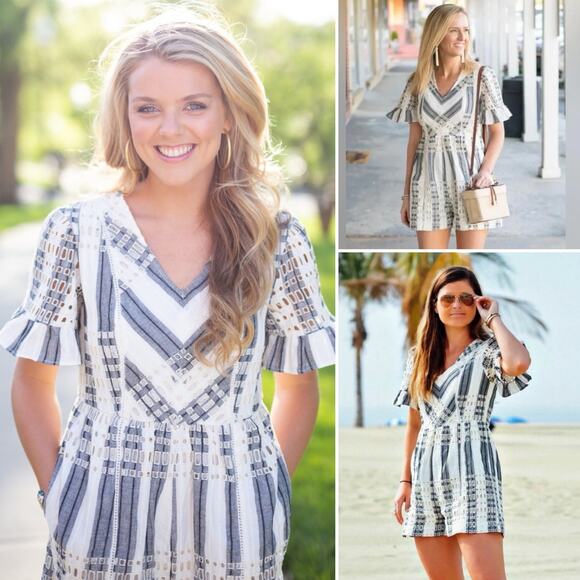 Anthropologie Ett:twa Striped Eyelet Romper Short Sleeve White Gray Blue 10 - Picture 2 of 16